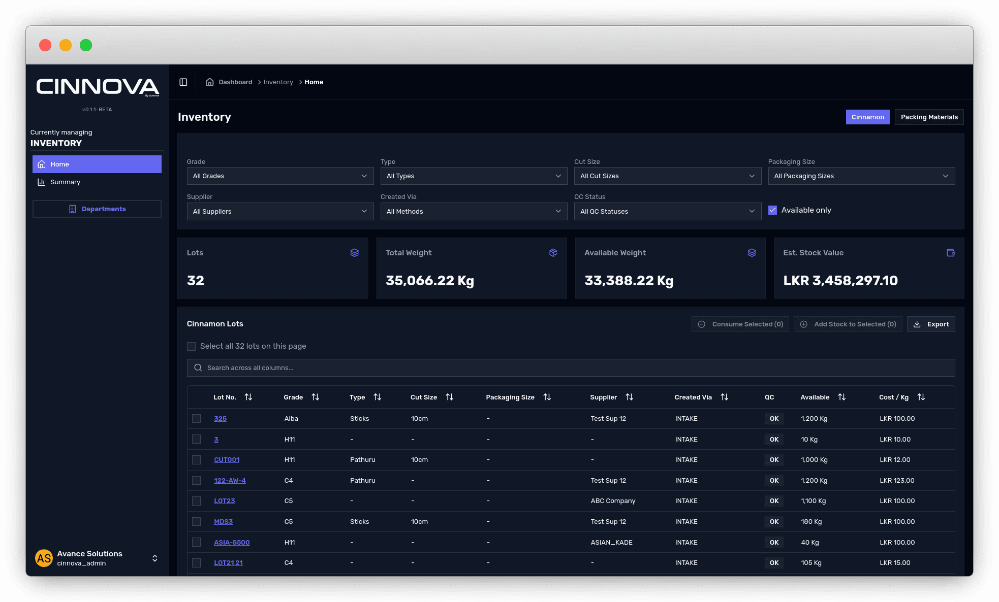 Cinnova inventory screen with lot filters, stock totals and a table of cinnamon lots