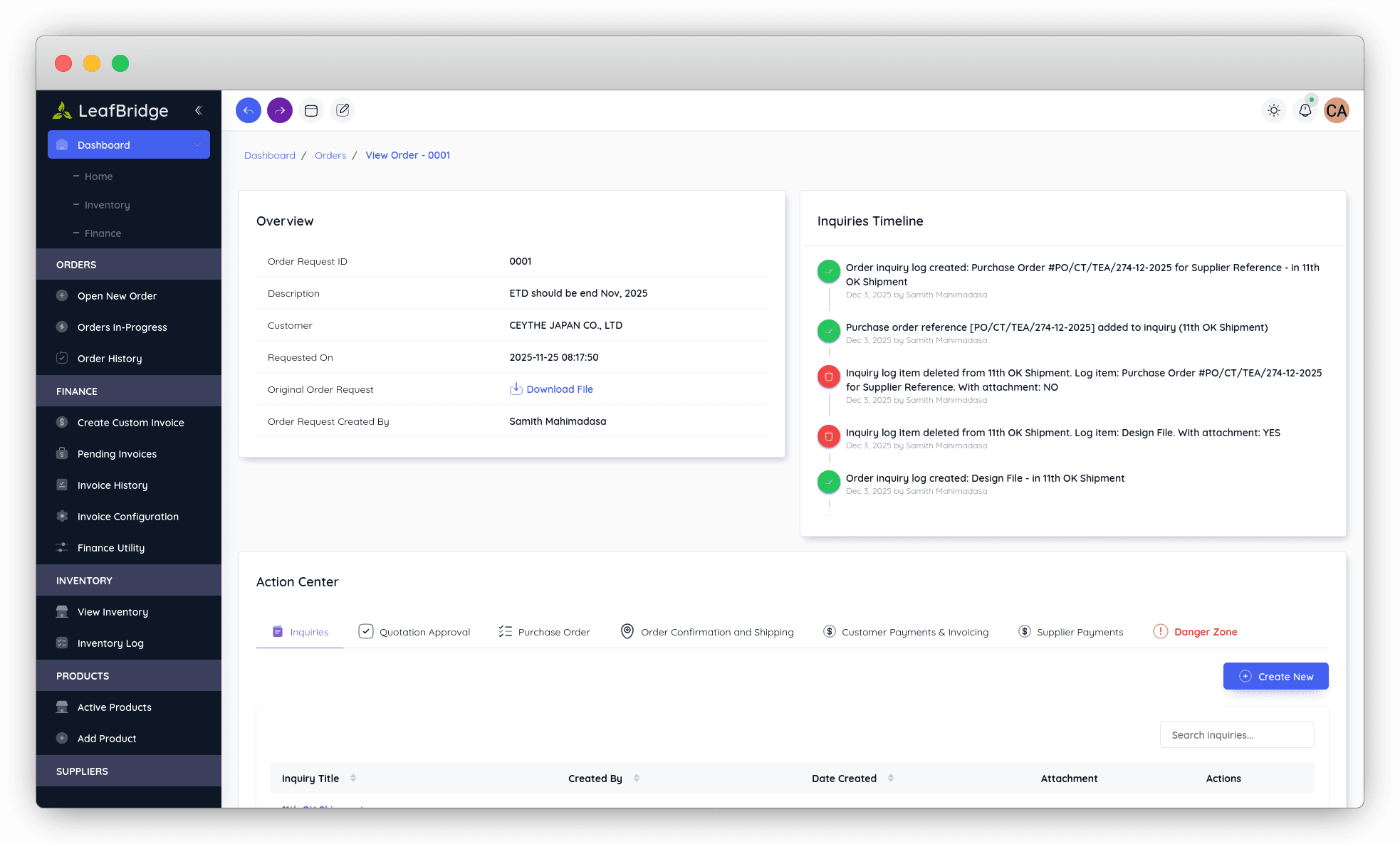 LeafBridge order view with overview, inquiries timeline and action center